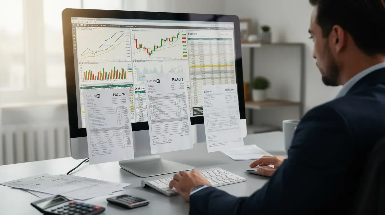 Un profesional consulta gráficos financieros y varias facturas en un ordenador