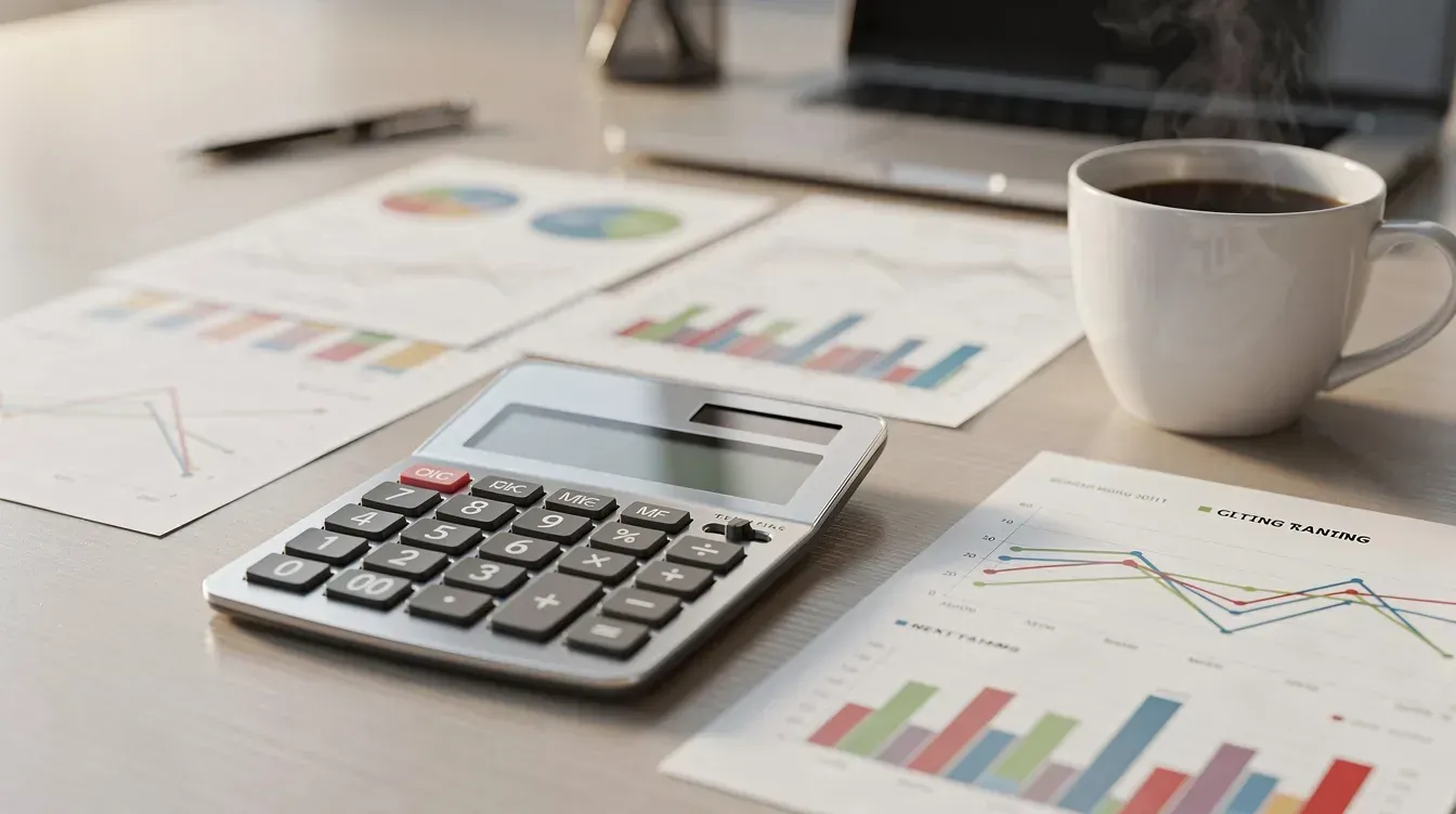 Calculadora, gráficos impresos y una taza de café sobre una mesa de trabajo