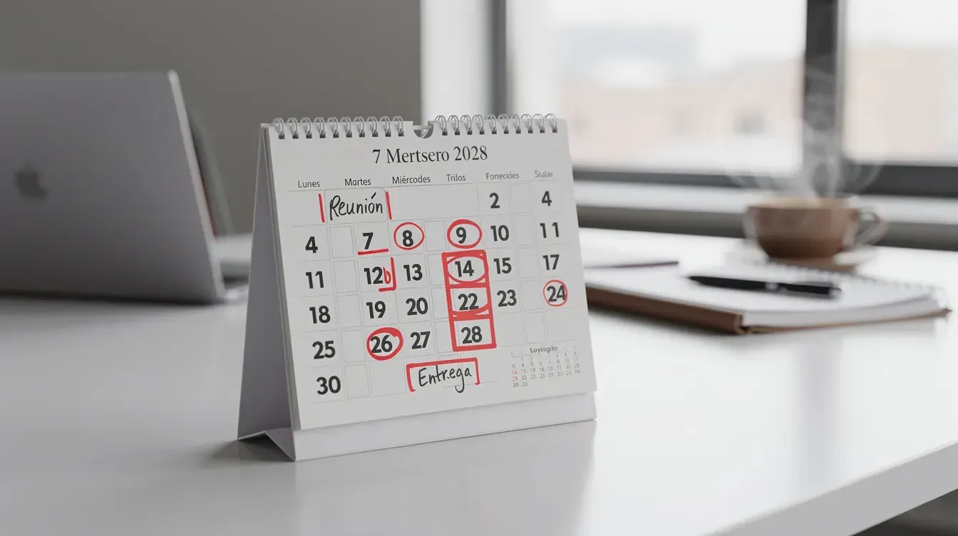 Calendario de sobremesa con varias fechas y recordatorios marcados en rojo