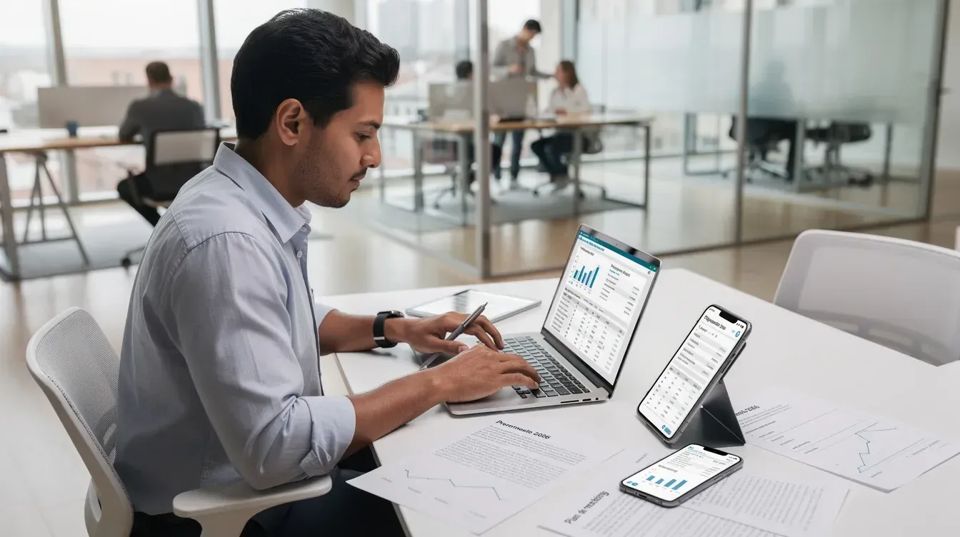 Una persona revisa datos de facturación en un portátil junto a una tableta y documentos