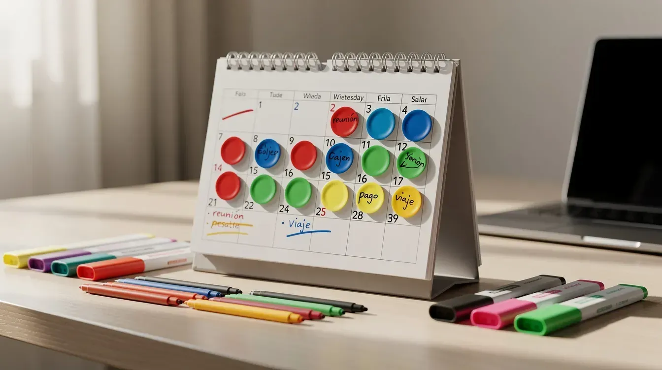 Calendario de escritorio ilustrativo con marcadores de colores junto a un portátil