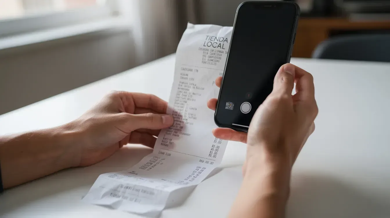 Una persona sostiene un ticket de compra junto a un móvil con la cámara abierta