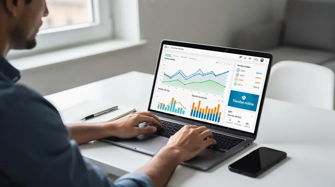 Persona trabajando en un portátil con un panel de ventas, pedidos y tasa de conversión de una tienda online.