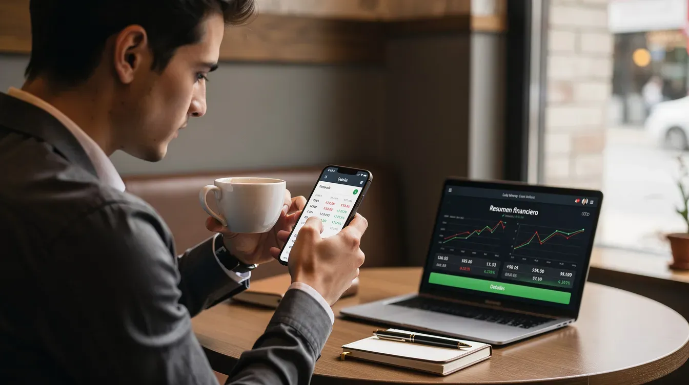 Persona tomando un café mientras consulta en el móvil los datos de su negocio, con un resumen financiero abierto en el portátil.