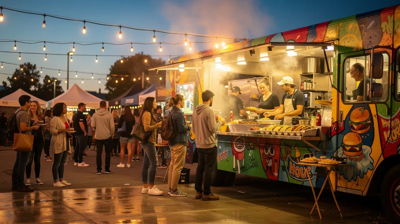 Food truck de colores sirviendo comida a los clientes en un festival al aire libre decorado con guirnaldas de luces.