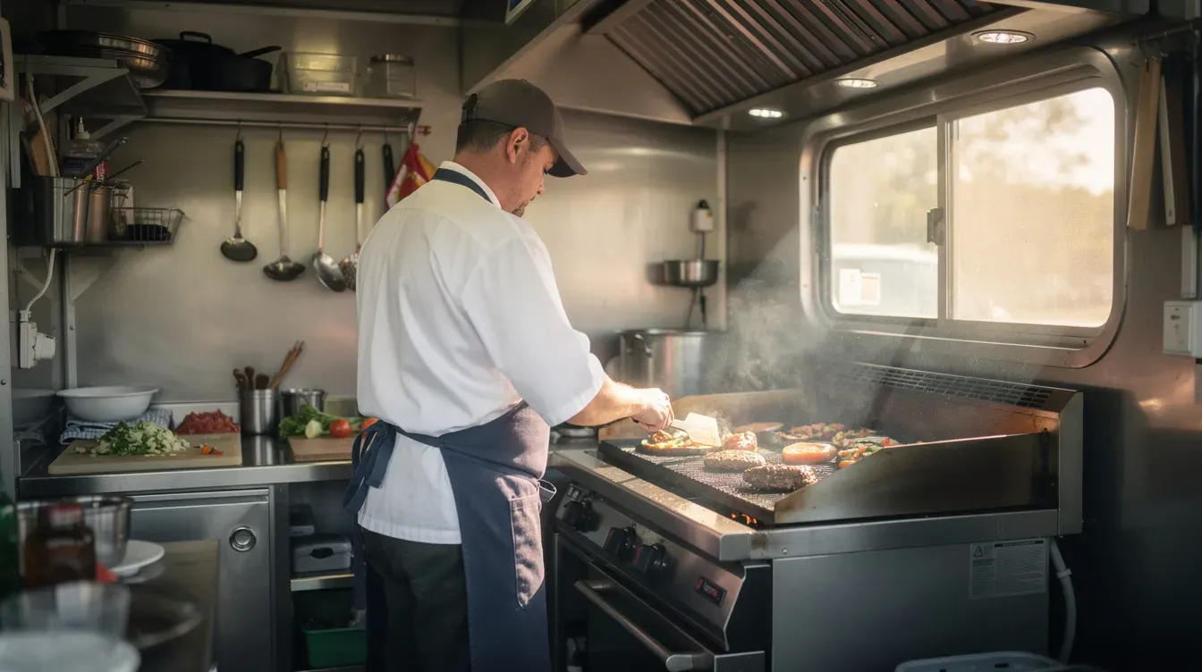 Cocinero preparando comida en la plancha dentro de la cocina compacta de un food truck.
