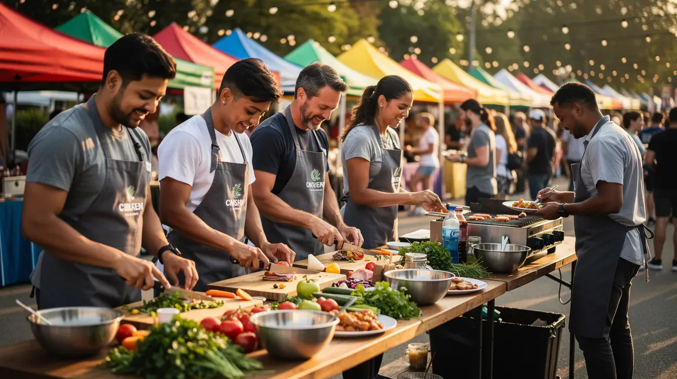 Equipo con delantales preparando comida en un evento al aire libre rodeado de food trucks.