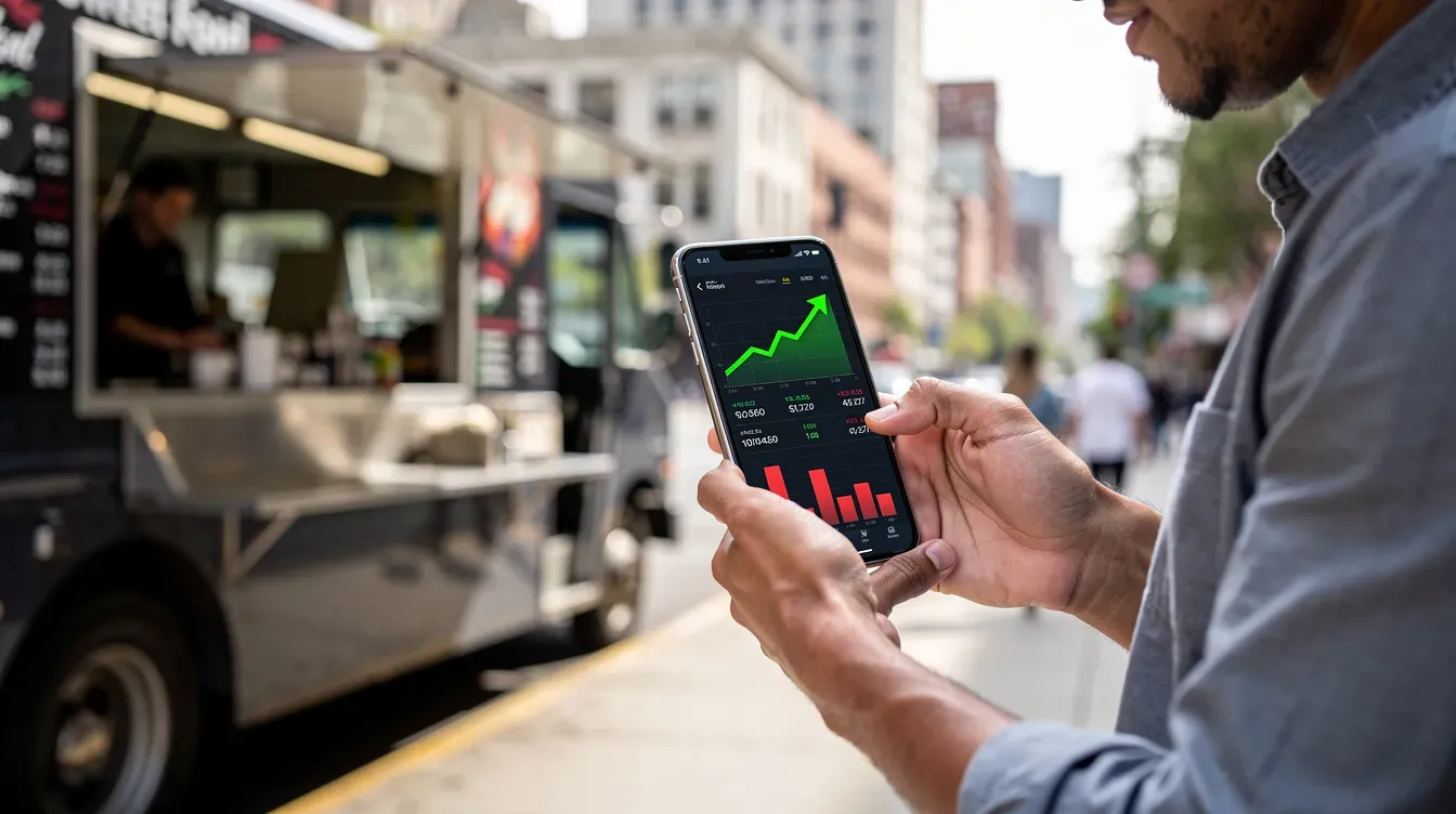 Persona junto a un food truck consultando en el móvil un panel con datos financieros del negocio.