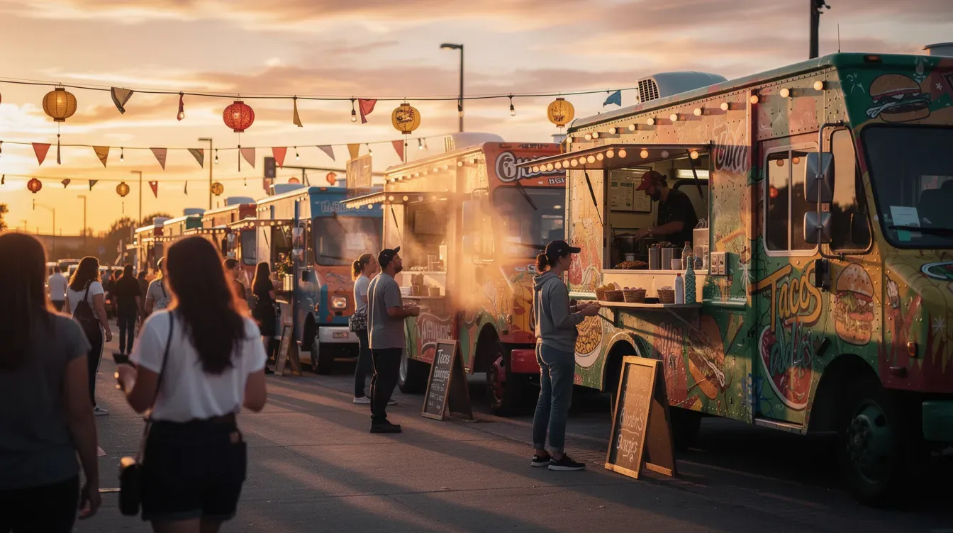 Fila de food trucks en un mercado de comida callejera al atardecer, con clientes alrededor.
