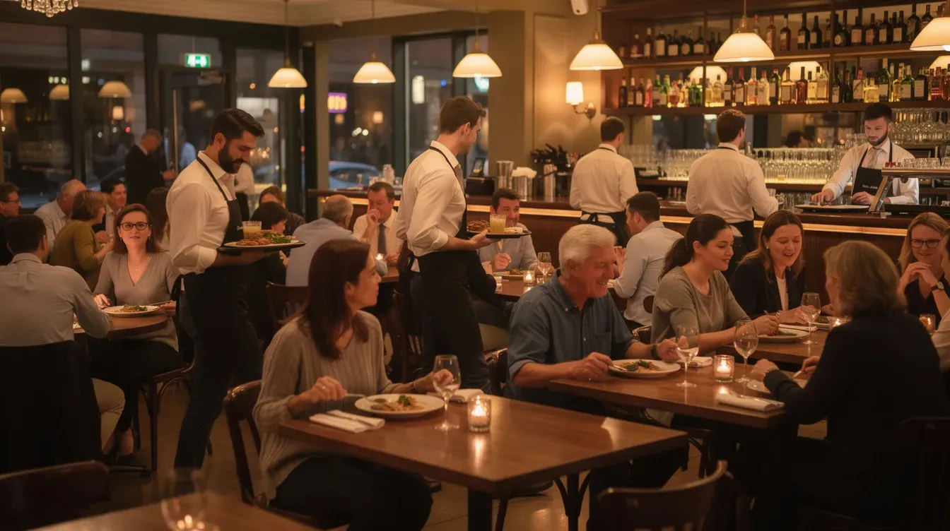 El interior de un restaurante concurrido muestra a varios camareros atendiendo mesas, mientras al fondo se observa la barra con clientes disfrutando de su servicio. Este ambiente dinámico refleja el mundo de la restauración, donde la atención al cliente y la gestión eficiente son clave para el éxito del negocio.
