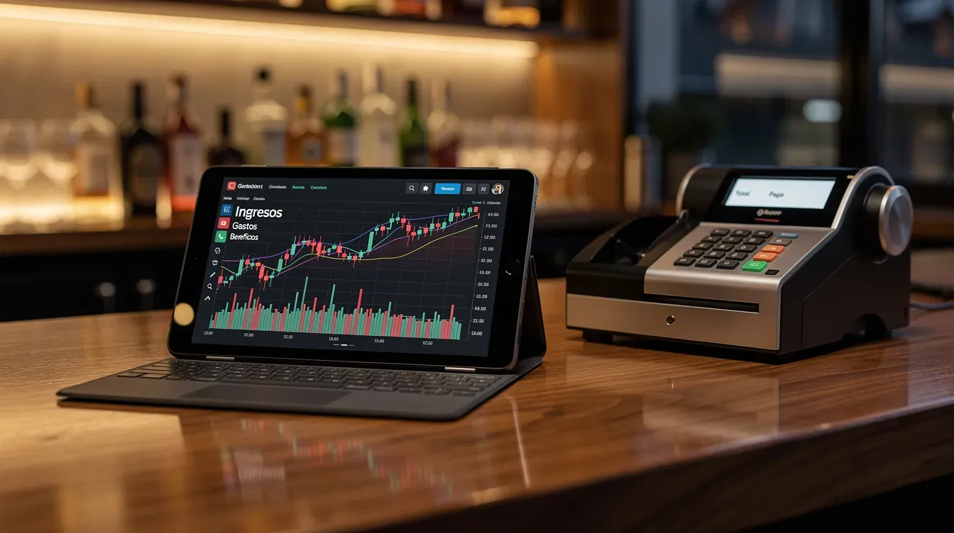 Una tableta muestra gráficos financieros que representan gastos y ventas de un bar, junto a una caja registradora, simbolizando la gestión contable y de facturación en el sector de la restauración. Esta imagen refleja la importancia de la asesoría y la toma de decisiones en el mundo de los negocios.
