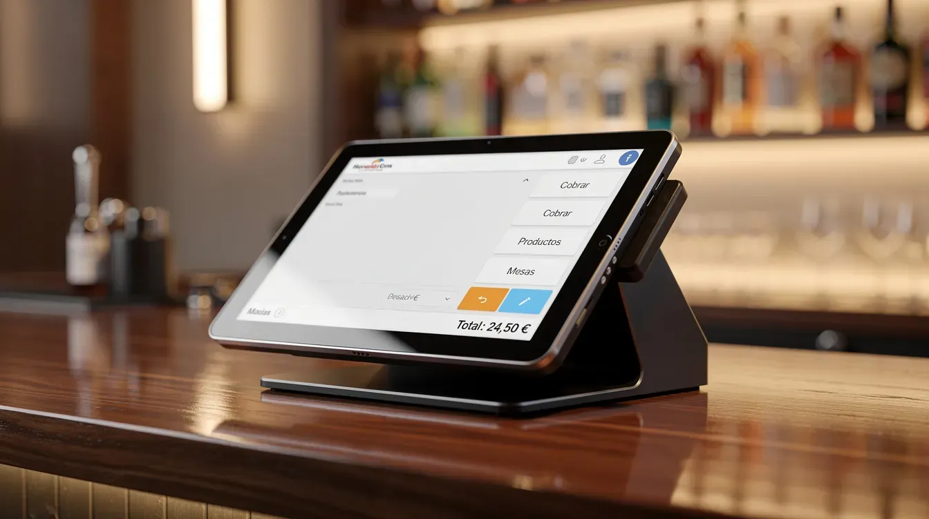 Imagen de un terminal de punto de venta moderno con pantalla táctil ubicado sobre una barra de bar, ideal para la gestión de ventas en restaurantes. Este dispositivo facilita la facturación y el control de gastos, mejorando la atención al cliente en el sector de la restauración.