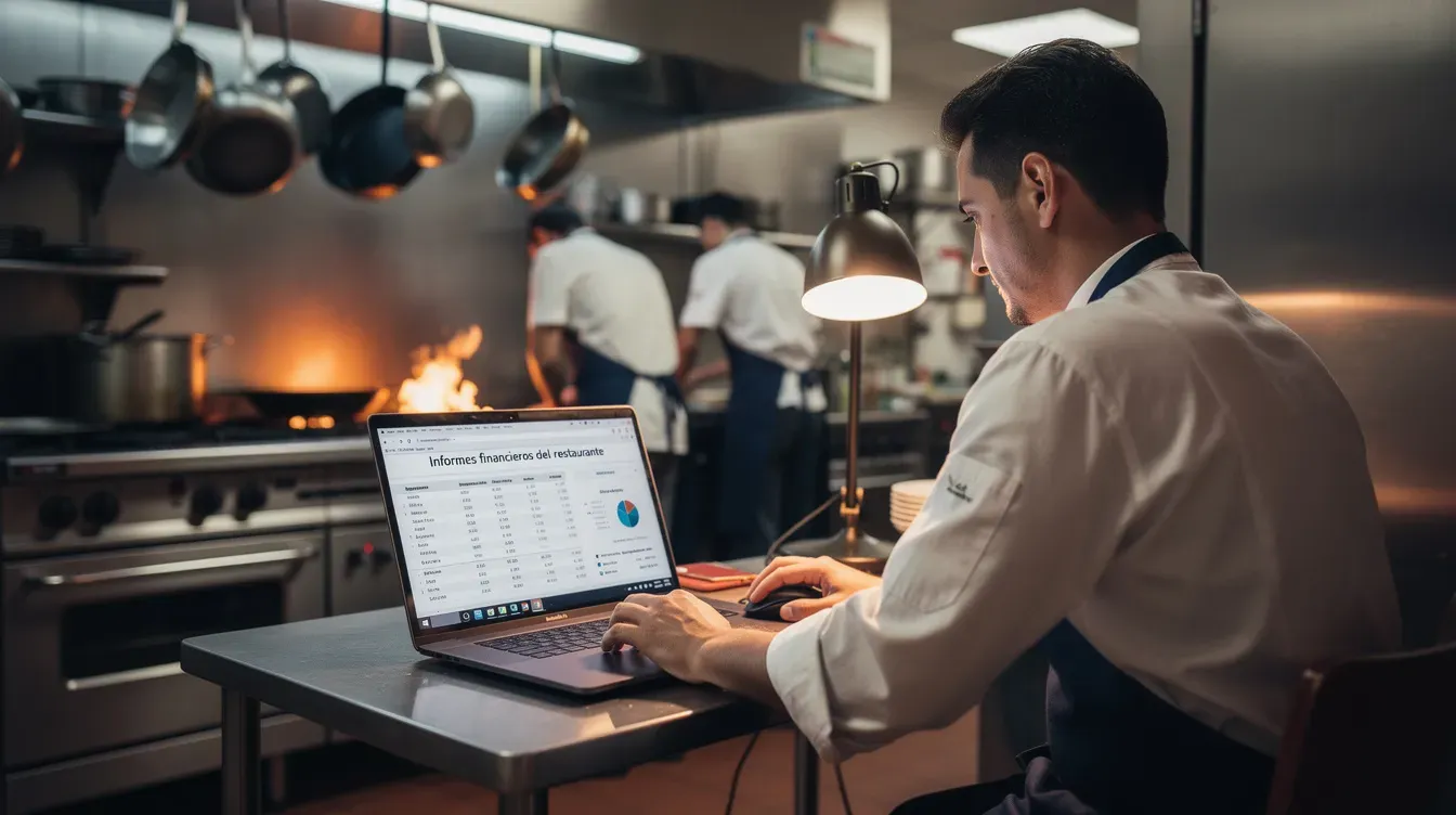 Una persona está revisando informes financieros en un portátil, mientras se encuentra en la cocina de un restaurante. La imagen refleja la gestión de gastos y la contabilidad del negocio, resaltando la importancia de la asesoría y la toma de decisiones en el sector de la restauración.