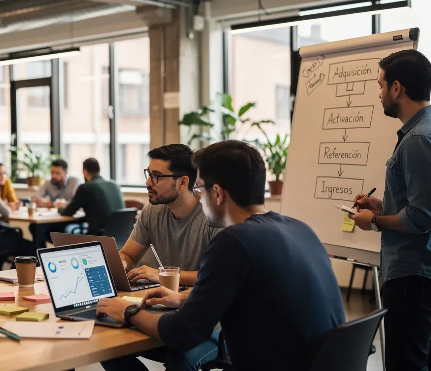Equipo de una startup reunido en una oficina diáfana con portátiles y un rotafolio con las etapas adquisición, activación, referencia e ingresos.