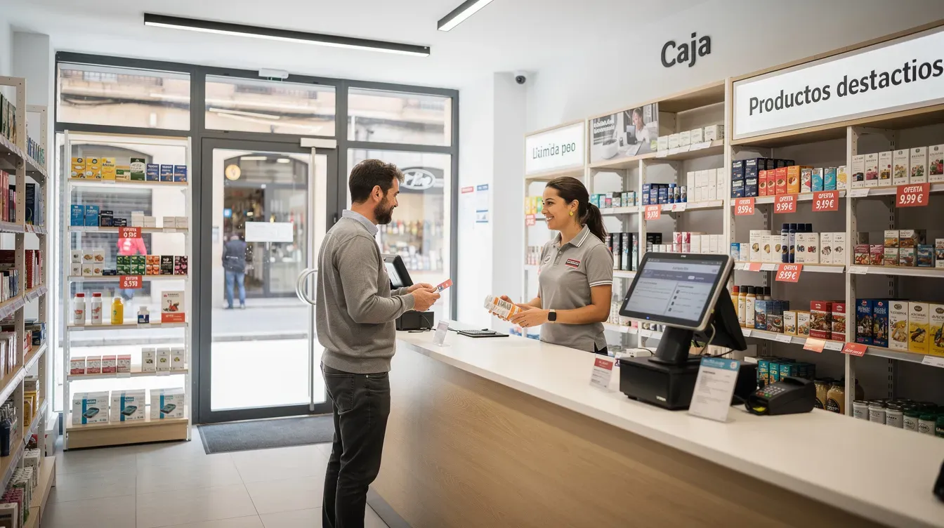 Interior luminoso de una tienda de barrio en España: un cliente paga en el mostrador, donde hay un TPV con pantalla y un datáfono, junto a estanterías con productos y carteles de ofertas.