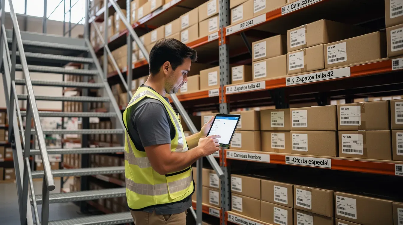 Empleado con chaleco reflectante revisando el inventario en una tablet en el almacén de una tienda, con estanterías de cajas etiquetadas por referencia, como zapatos y camisas.