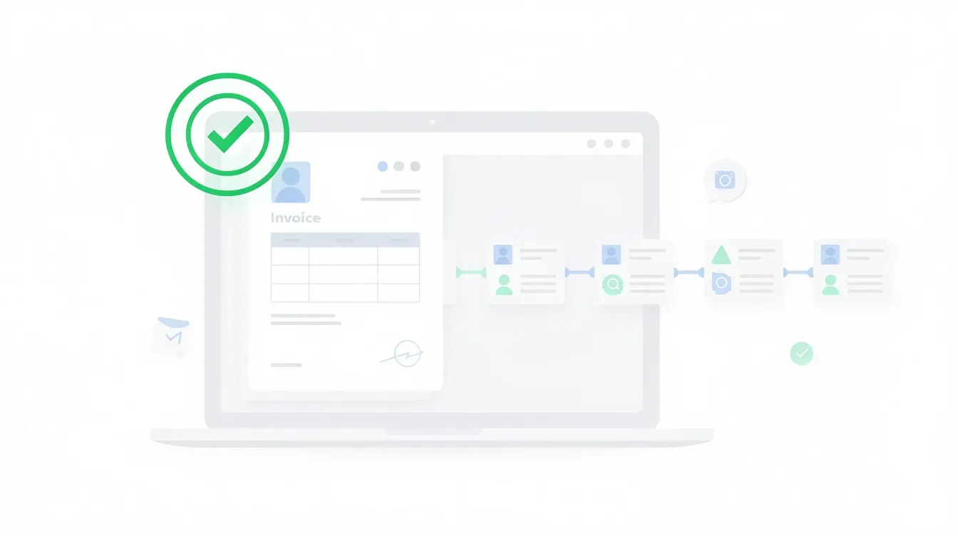 Portátil con una factura validada con una marca de verificación junto a una cadena de registros de facturación enlazados